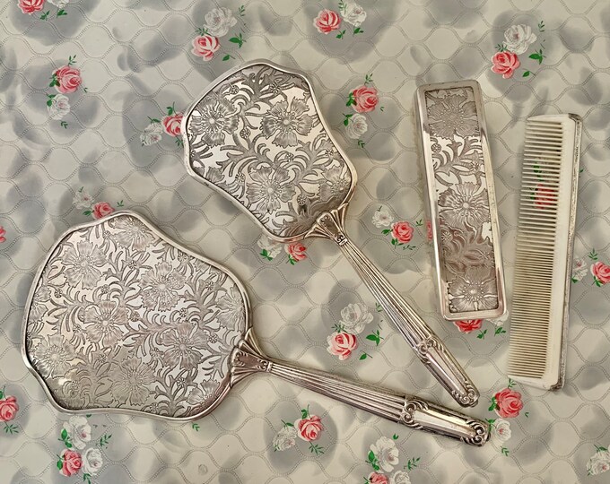 Delina Silver Plated Dressing Table Set, With Vintage Hairbrush