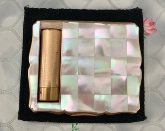 Stratton mother of pearl loose powder compact with lipstick holder, vintage 1950s Empress duo compact