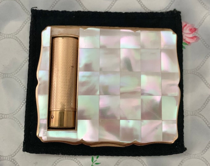 Featured listing image: Stratton mother of pearl loose powder compact with lipstick holder, vintage 1950s Empress duo compact