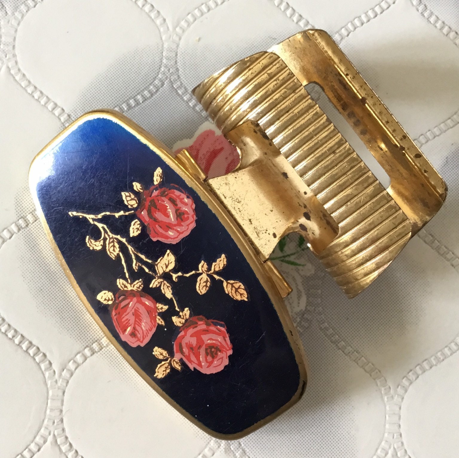 Vintage lipstick holder with lip mirror, gold tone and navy blue with
