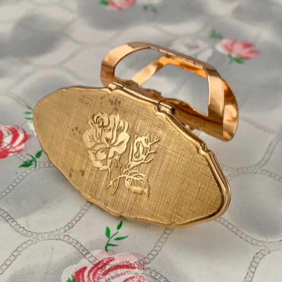 Stratton Lipview lip mirror and lipstick holder, with gold tone rose, vintage handbag accessory