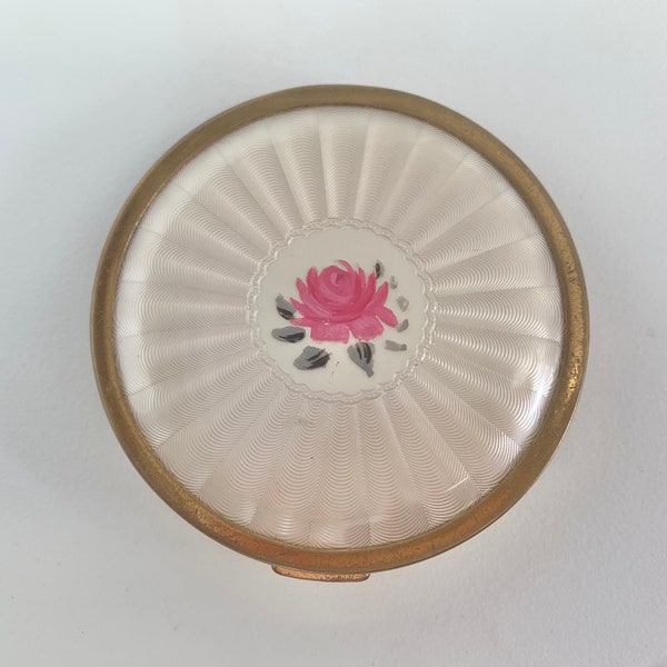 Mascot ASB compact for loose and cream powder, mid century makeup mirror with faux guilloche and painted flower