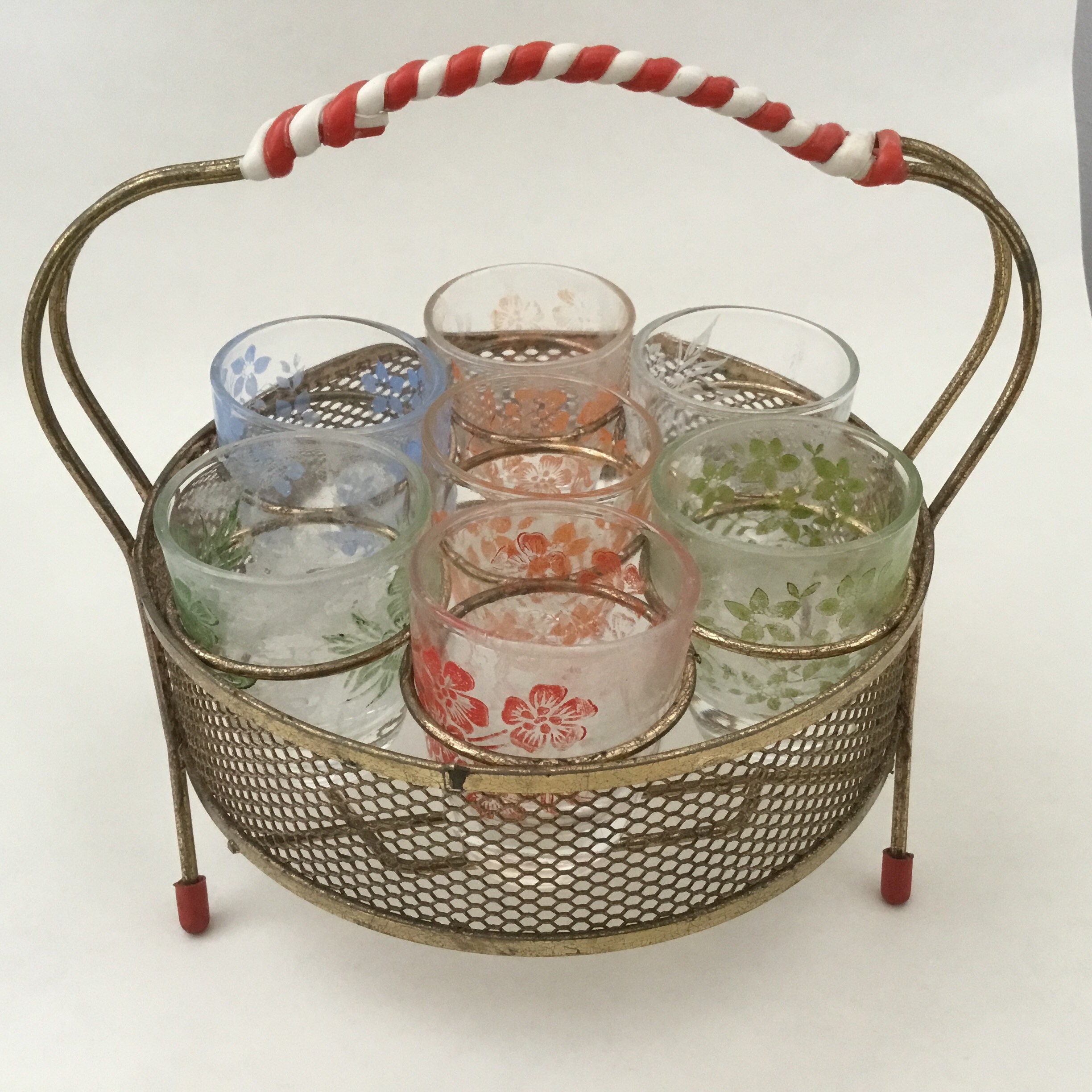 Drinking Shot Glass Set with Metal Holder, 1950s for sale at Pamono