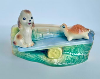 Hornsea pottery vase with puppy and tortoise on see-saw, 1960s collectible vintage planter with dog