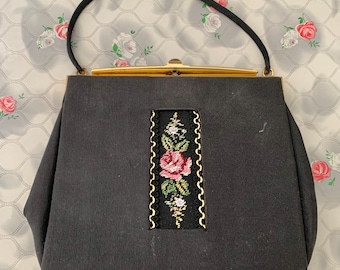Black vintage purse with pink flowers embroidery, c 1950s
