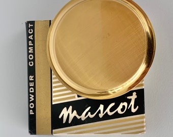 Mascot ASB vintage loose or solid powder compact with box, 1960s or 1970s unused gold makeup mirror