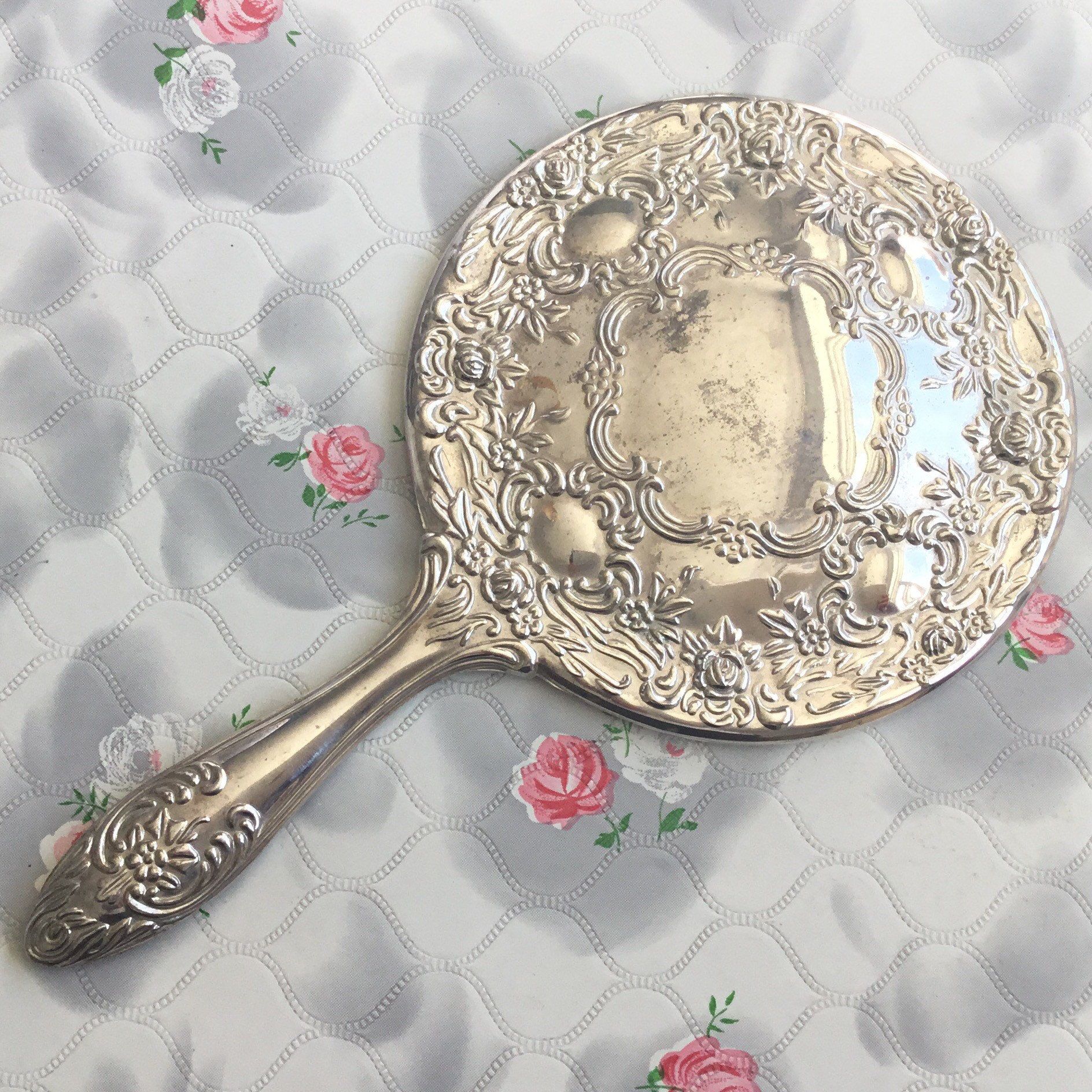 Vintage silver tone hand mirror, c 1960s or 1970s silver plated