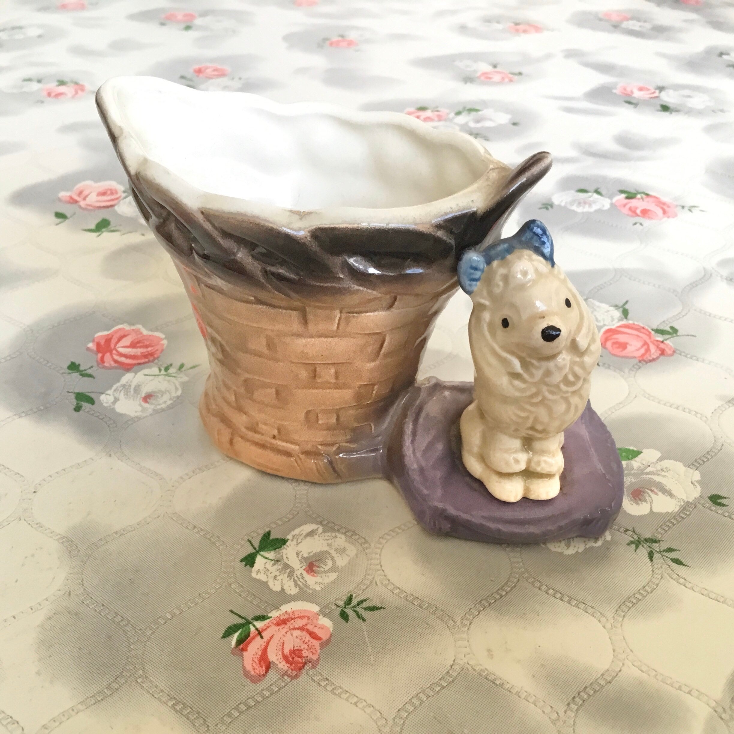collectible vintage posy vase with dog, 1950s Hornsea pottery planter with wicker basket and French poodle