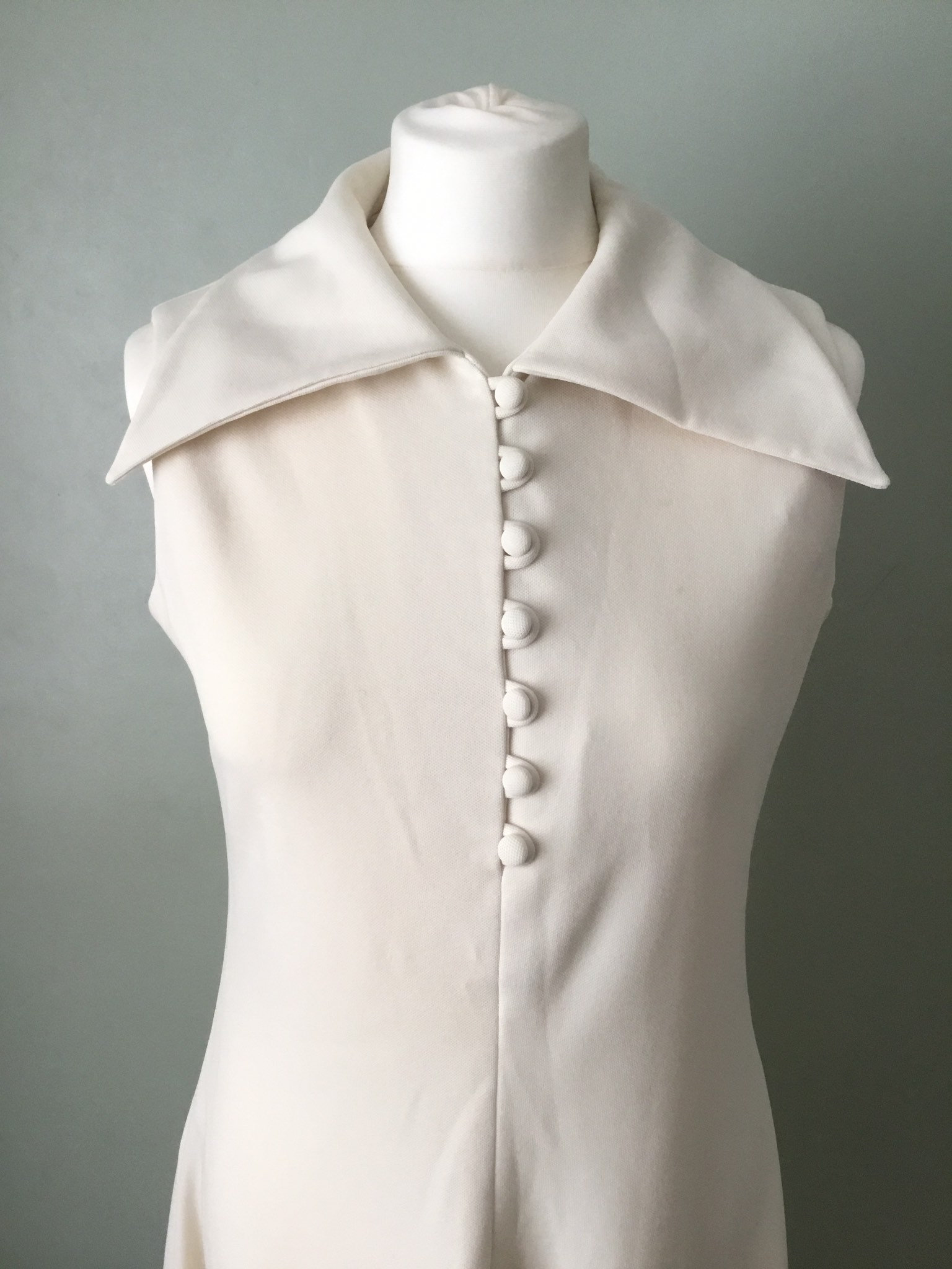 1970s maxi dress, Cream or off-white polyester with dagger collars, UK ...