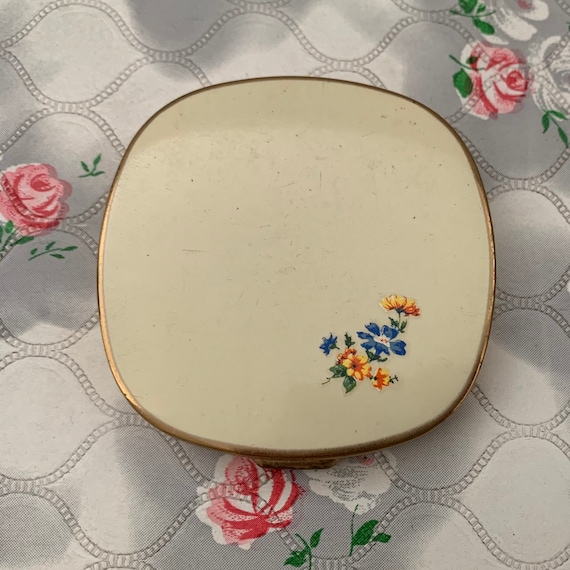 Vintage cream powder compact with white lid and flowers, mid century makeup mirror