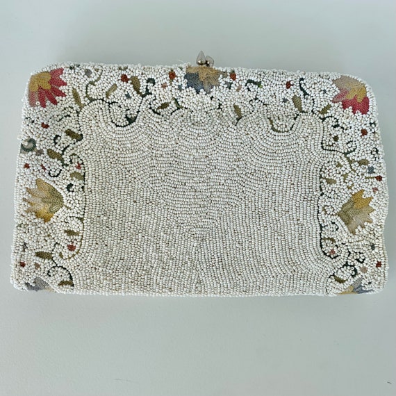 Vintage white beaded evening clutch purse, with e… - image 1