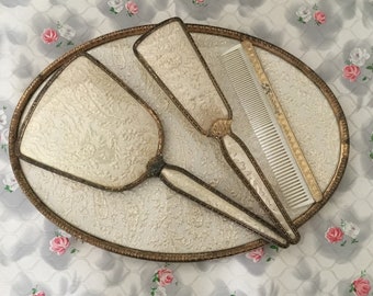 Regent of London vintage vanity set with hand mirror, hairbrush, comb and tray, 1950s gold fabric dresser set
