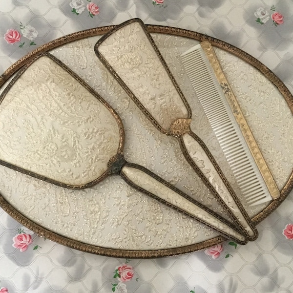 Regent of London vintage vanity set with hand mirror, hairbrush, comb and tray, 1950s gold fabric dresser set