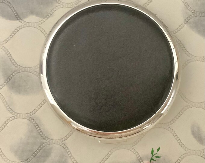 Stratton combination powder compact with black leather, c 2000s round silver tone makeup mirror,