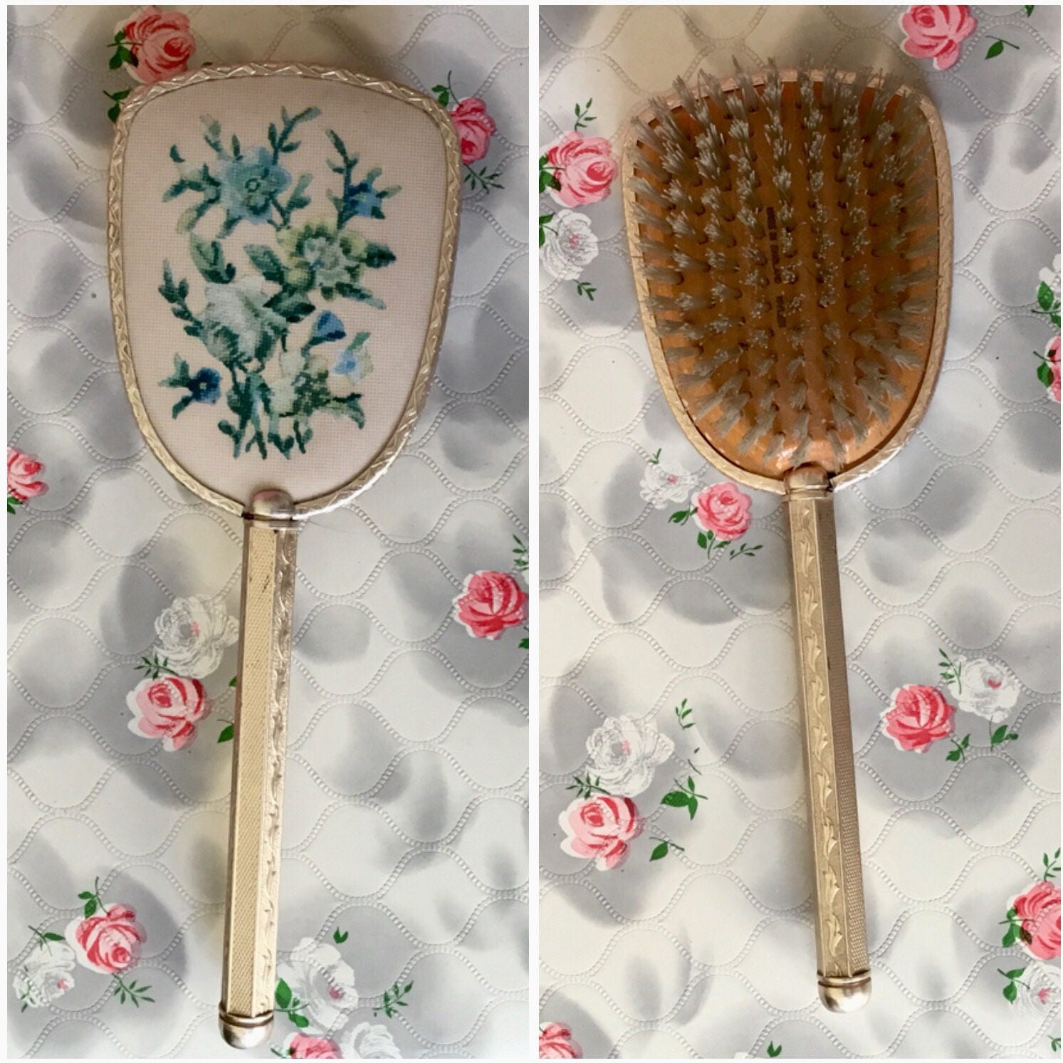 Vintage brush set with hand mirror, hairbrush, and clothes brush c1960s