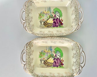 Portland Pottery Cobridge pair of crinoline lady dishes, c1950 vintage oblong serving bowls Regal works