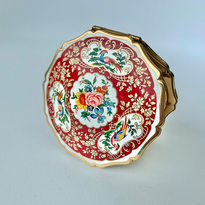 Stratton Queen convertible powder compact, with flowers, pink rose and birds, c1970s or 1980s image 7