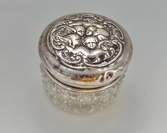 Silver hallmarked 1903 glass trinket pot, antique Edwardian cut glass jar with cherubs