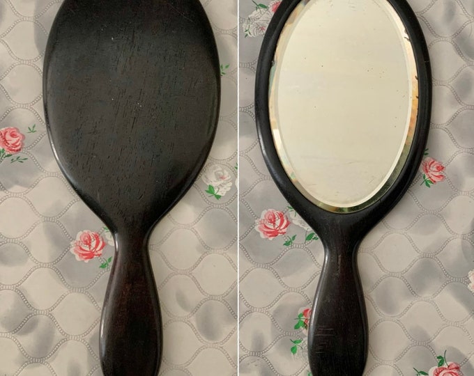 Real ebony dark wood hand mirror, c 1910s antique vanity mirror with oval bevelled glass