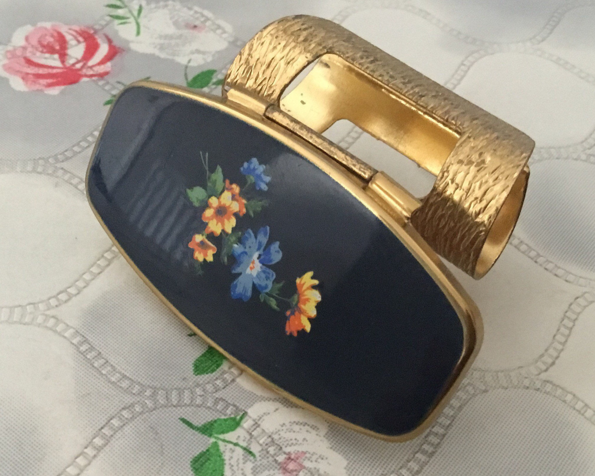 Vintage Lipstick Holder C 1960s or 1970s Gold and Blue Floral