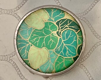 Boots rouge compact with green leaves lid, vintage art deco makeup mirror