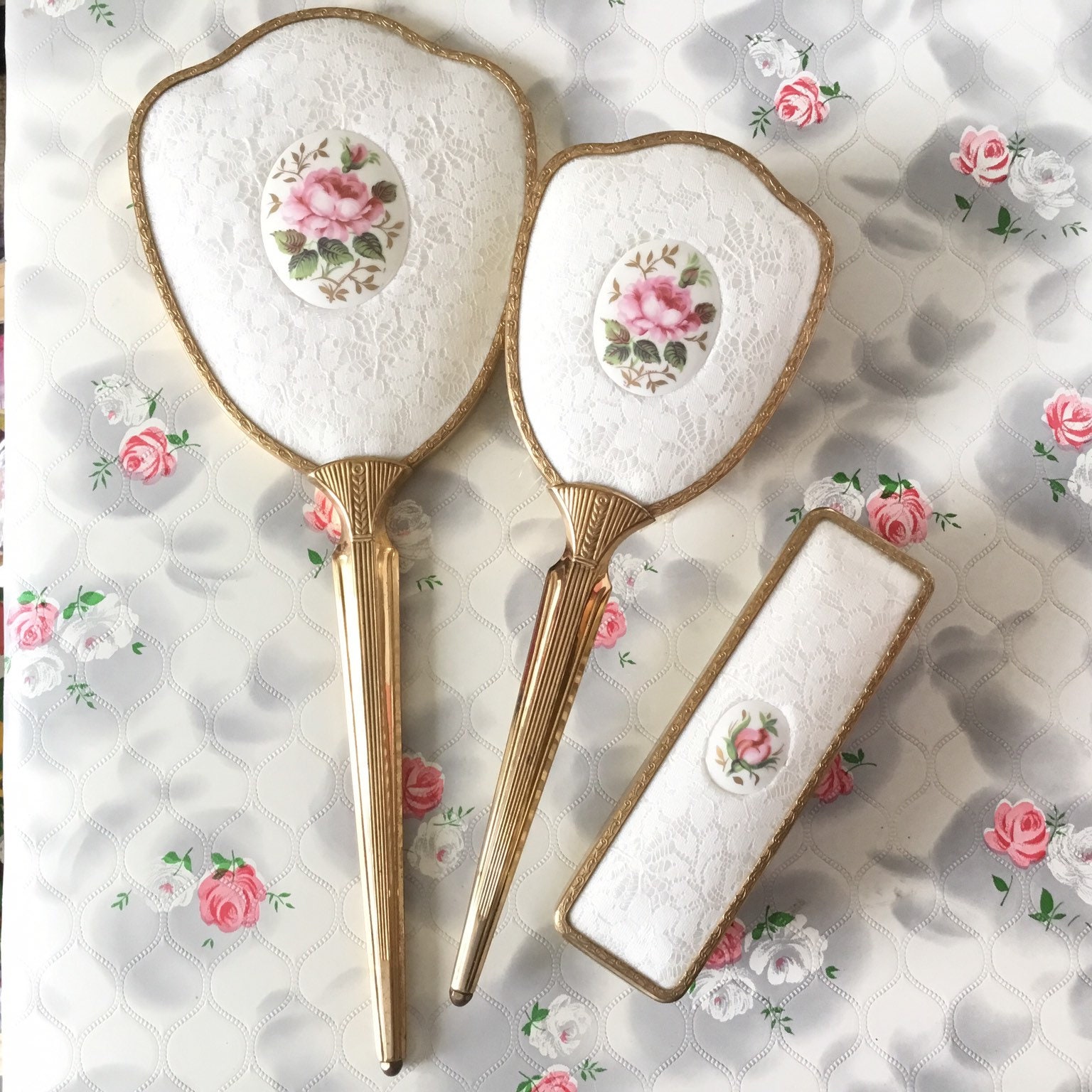 Vintage Lissco brush set with hand mirror, hairbrush and clothes brush
