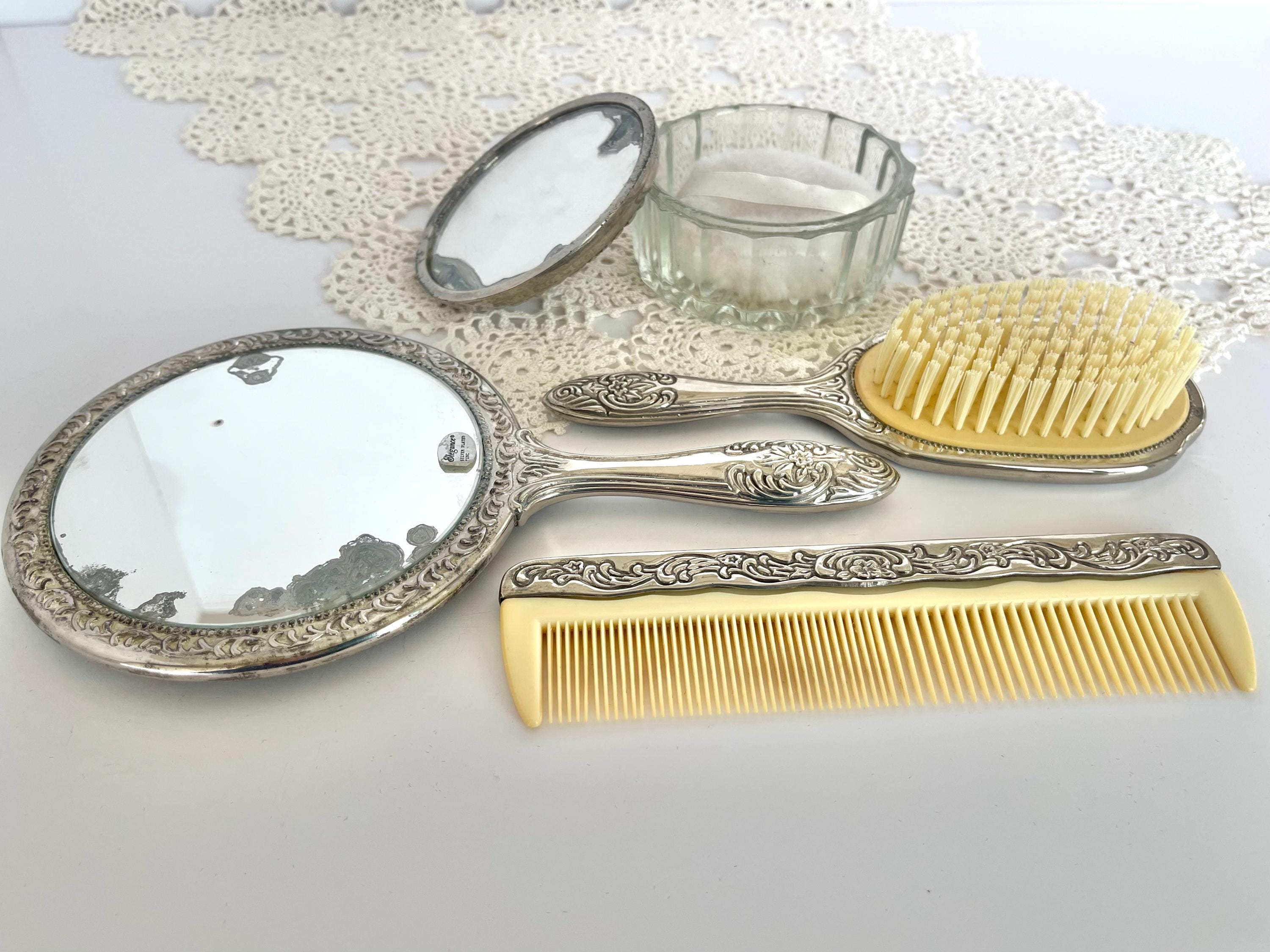 Vintage Silver Plated Vanity Set With Hairbrush, Mirror and 