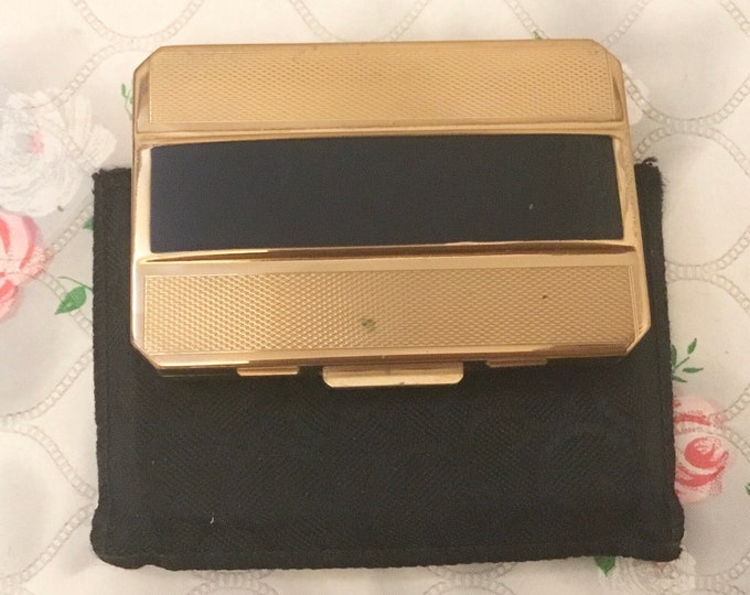 Stratton Star loose powder compact, gold and black c 1940s, vintage gold tone handbag accessory, slab makeup mirror