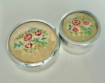 Glass powder bowls with embroidered pink roses, vintage dressing table trinket pots