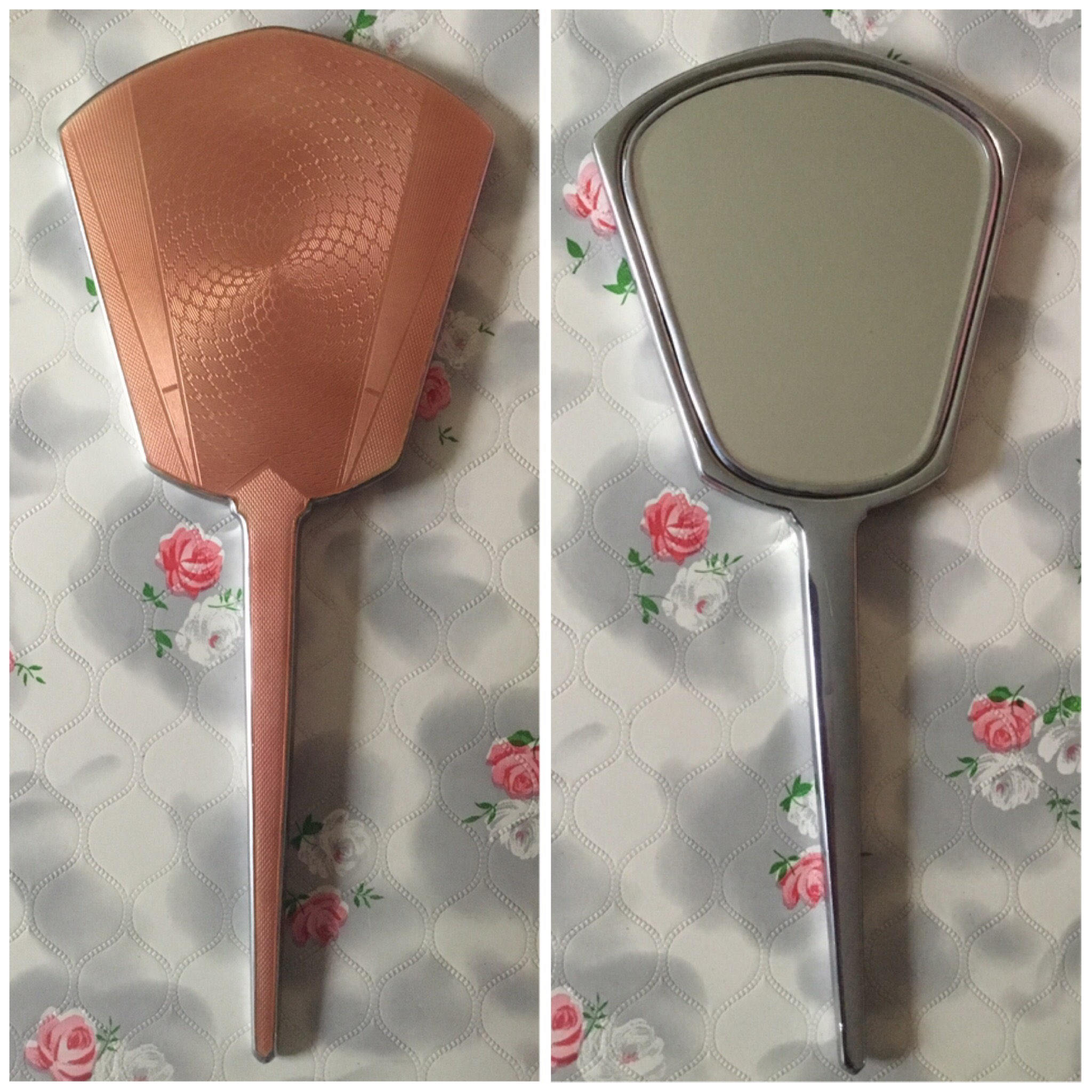 Vintage Mirror Pink Guilloche Hand Silver Vanity Art Vintage Mirror Pink Guilloche Hand Silver Vanity Art Deco Enamel Looking Glass 1930 S