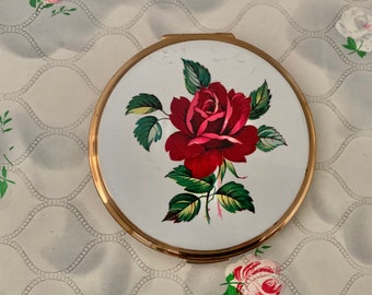 Stratton Convertible powder compact, white and red rose, c1960s to 1970s, vintage makeup mirror