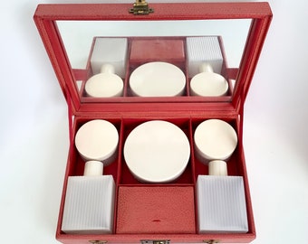 Ladies travel vanity case with mirror, powder pots and bottles, vintage weekend case