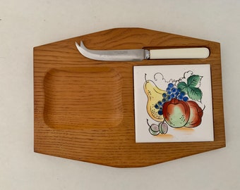 Vintage Wooden Cheese board with ceramic tile and cheese knife, mid century serving board with fruit