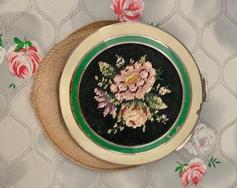 Art Deco Rowenta loose powder compact with pink roses embroidery, vintage green and white enamel makeup mirror, c1930s