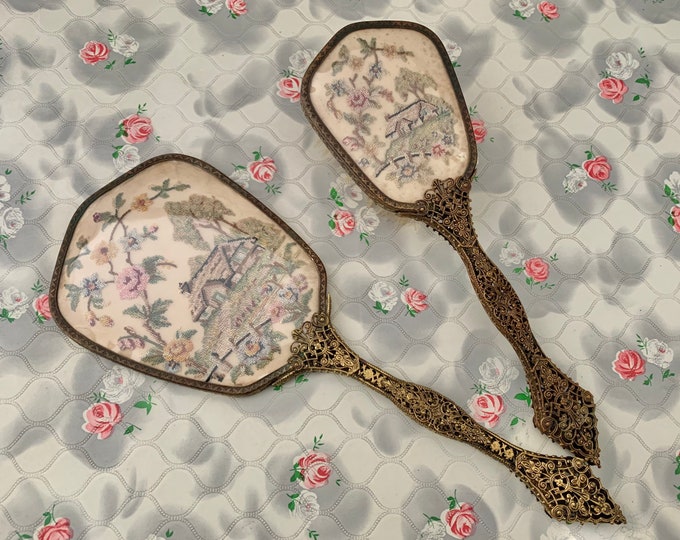 Regent of London dresser set with embroidered country cottage, hand mirror and hairbrush c1940s or 1950s