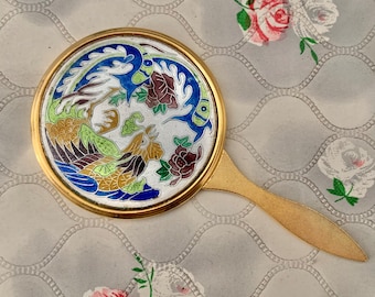 Cloisonné mini hand mirror with enamel bird dragon, vintage handbag vanity