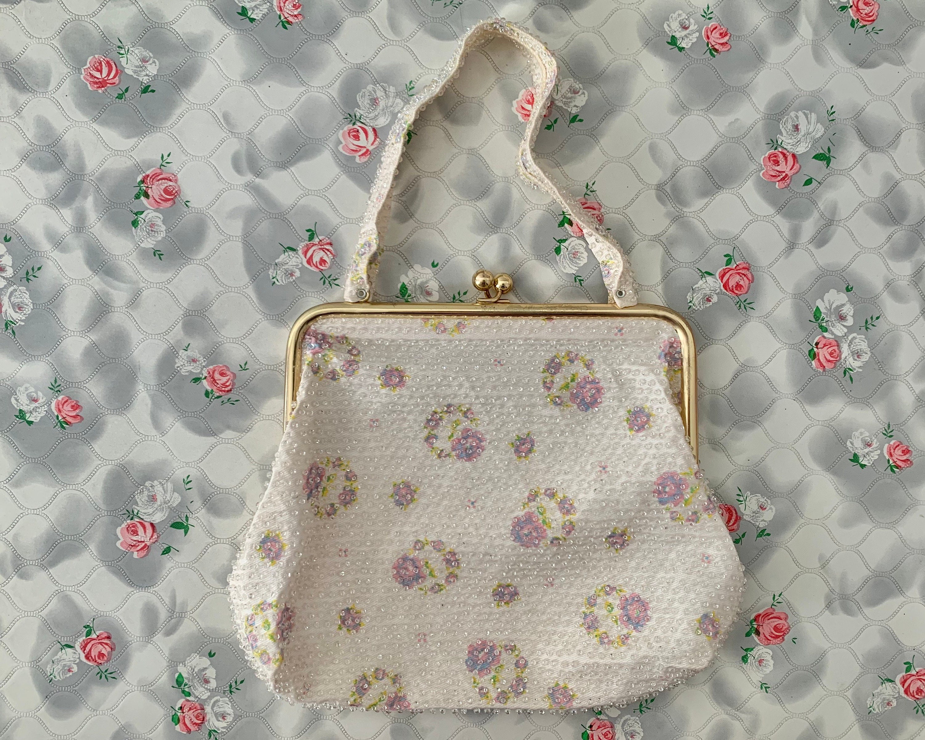 Lumured Beaded Evening Bag With Pink Roses and Handle Vintage Cream Party Purse Etsy