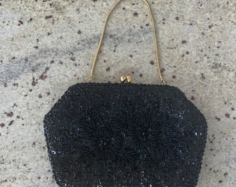 Black beaded evening bag with sequins, vintage clutch purse with black beads