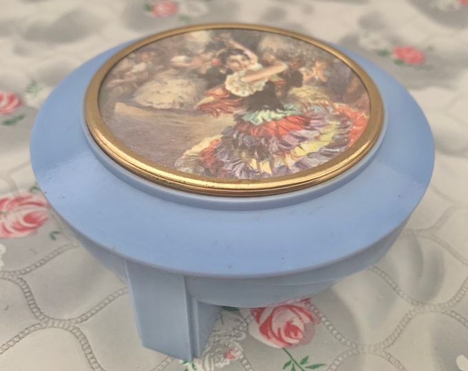 Dubarry soap or powder bowl, blue plastic with a Flamenco dancer, mid century dressing table trinket jar