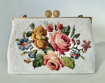 White beaded tapestry clutch bag with pink roses, vintage wedding purse c 1950s or 1960s with gold wrist handle