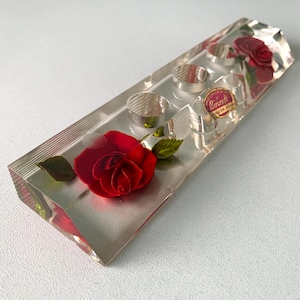 Reverse carved lucite vintage Bircraft candle holder with red roses, 1950s made in USA vanity candlestick