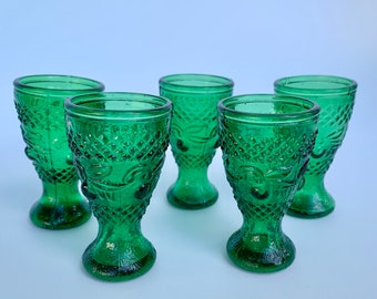 French absinthe or liqueur glasses, vintage green pressed glass barware