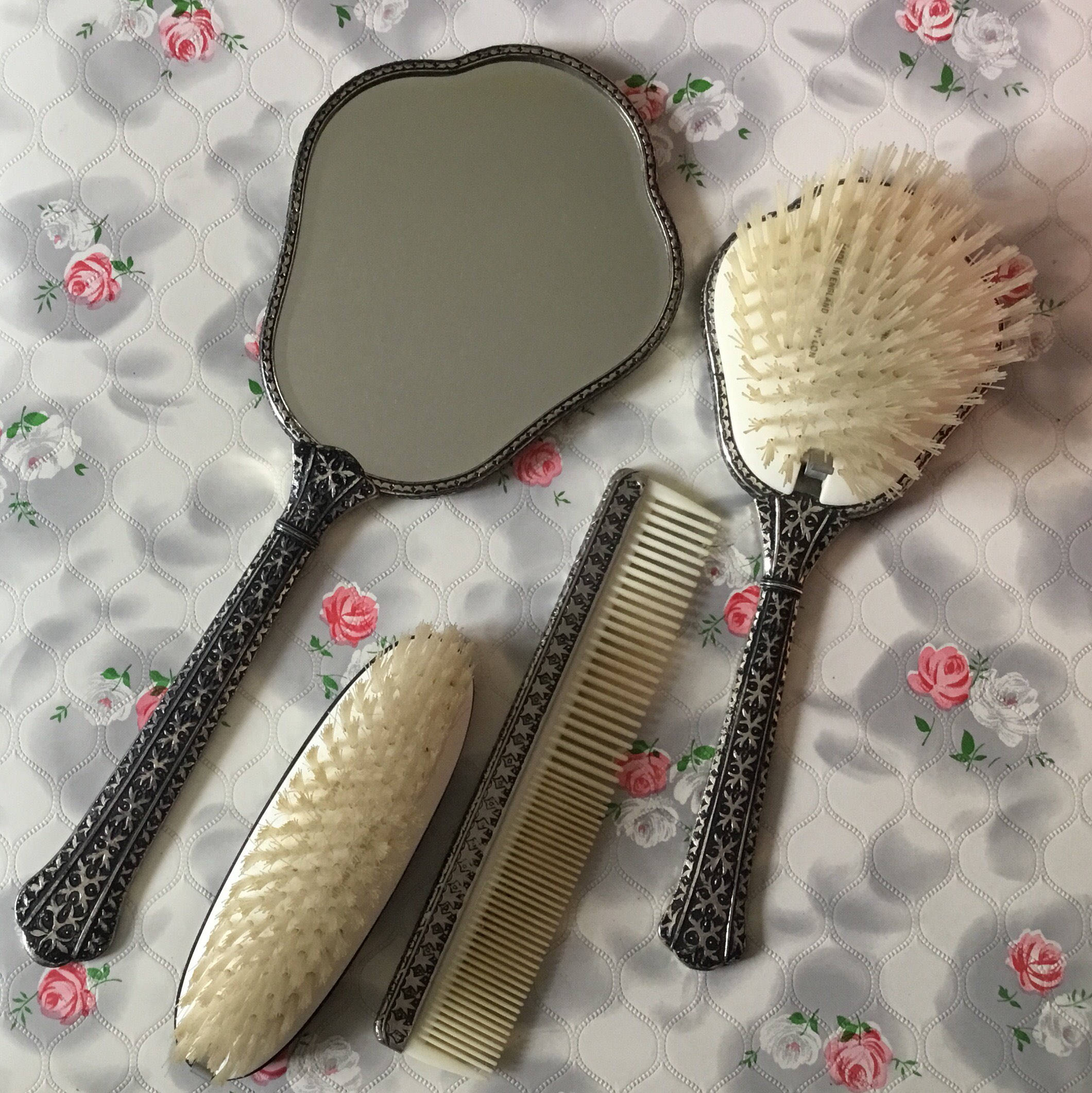 60s Regent of London vanity set, petit point vintage mirror