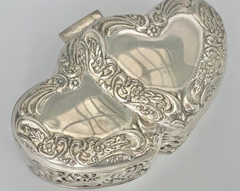 Silver metal heart shaped box, vintage dressing table trinket pot for jewellery