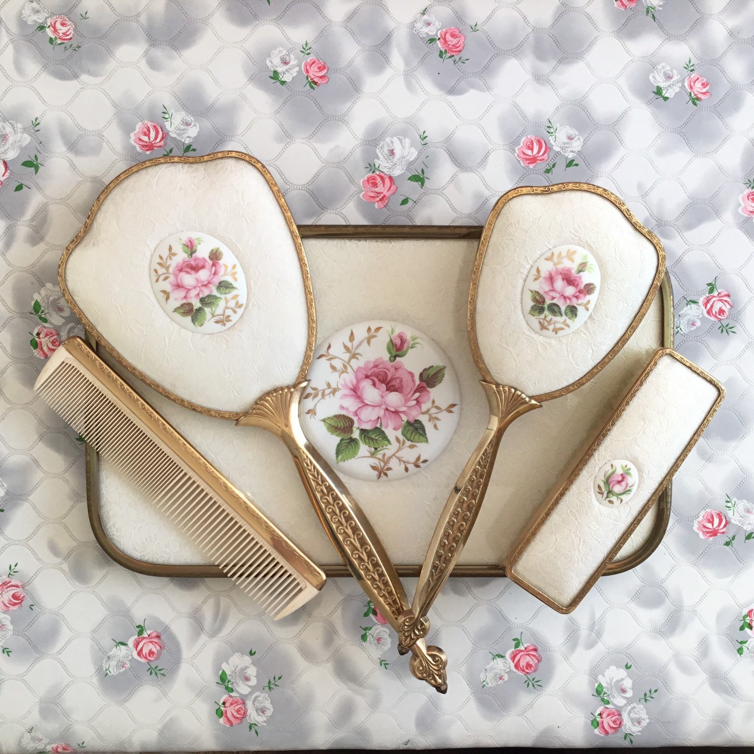 Lissco Dresser Set With Vintage Hand Mirror Hairbrush Tray Comb