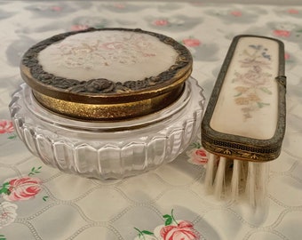 Regent of London pressed glass powder bowl with mirror and embroidered clothes brush, vintage dressing table set