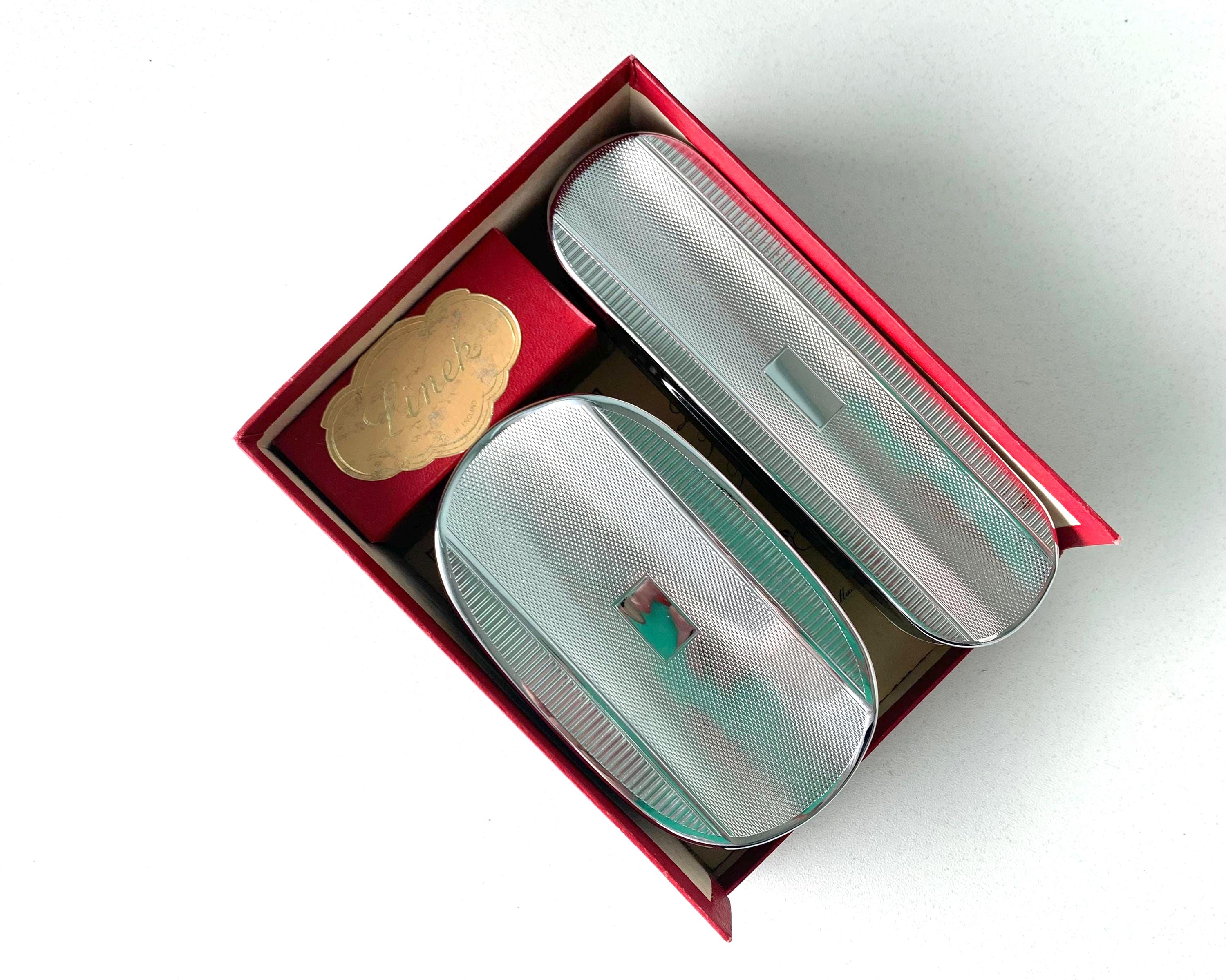 Linek chrome hairbrush and clothes brush, unused and boxed vintage travel set