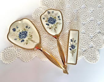 Vintage Lissco Vanity set, embroidered hand mirror, hairbrush, comb and pot