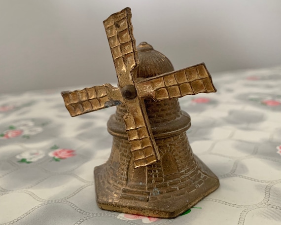 Windmill traditional brass hand bell, mid century miniature hand bell
