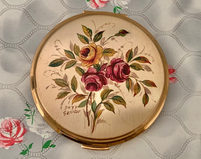 Stratton Convertible powder compact, c 1950s 1960 Suzy Seriau vintage makeup mirror with pink roses